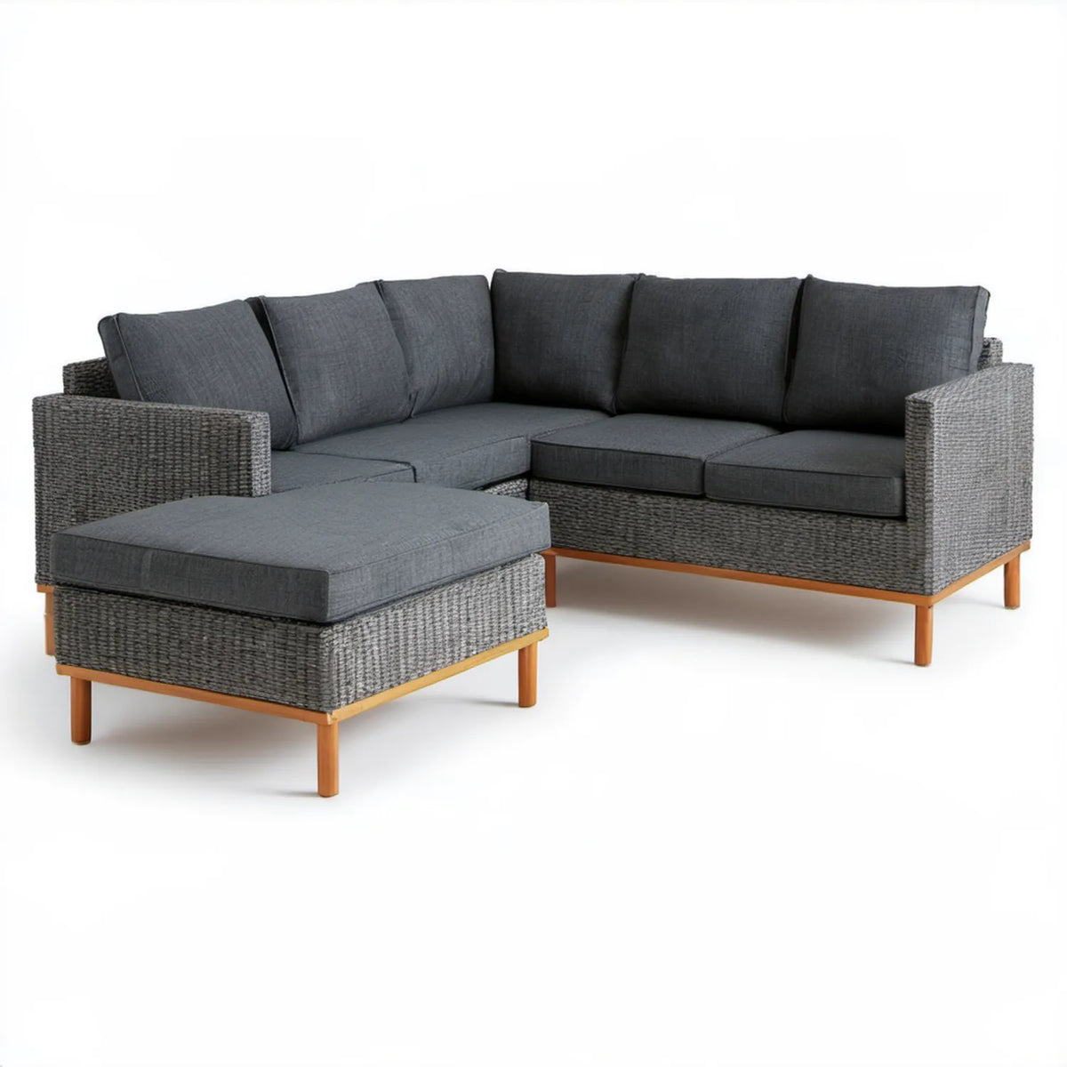 Ogrodowa sofa narożna z pufą w kształcie L z technorattanu i drewna akacjowego, szara grafitowa/brązowa, 215 x 85 x 75 cm