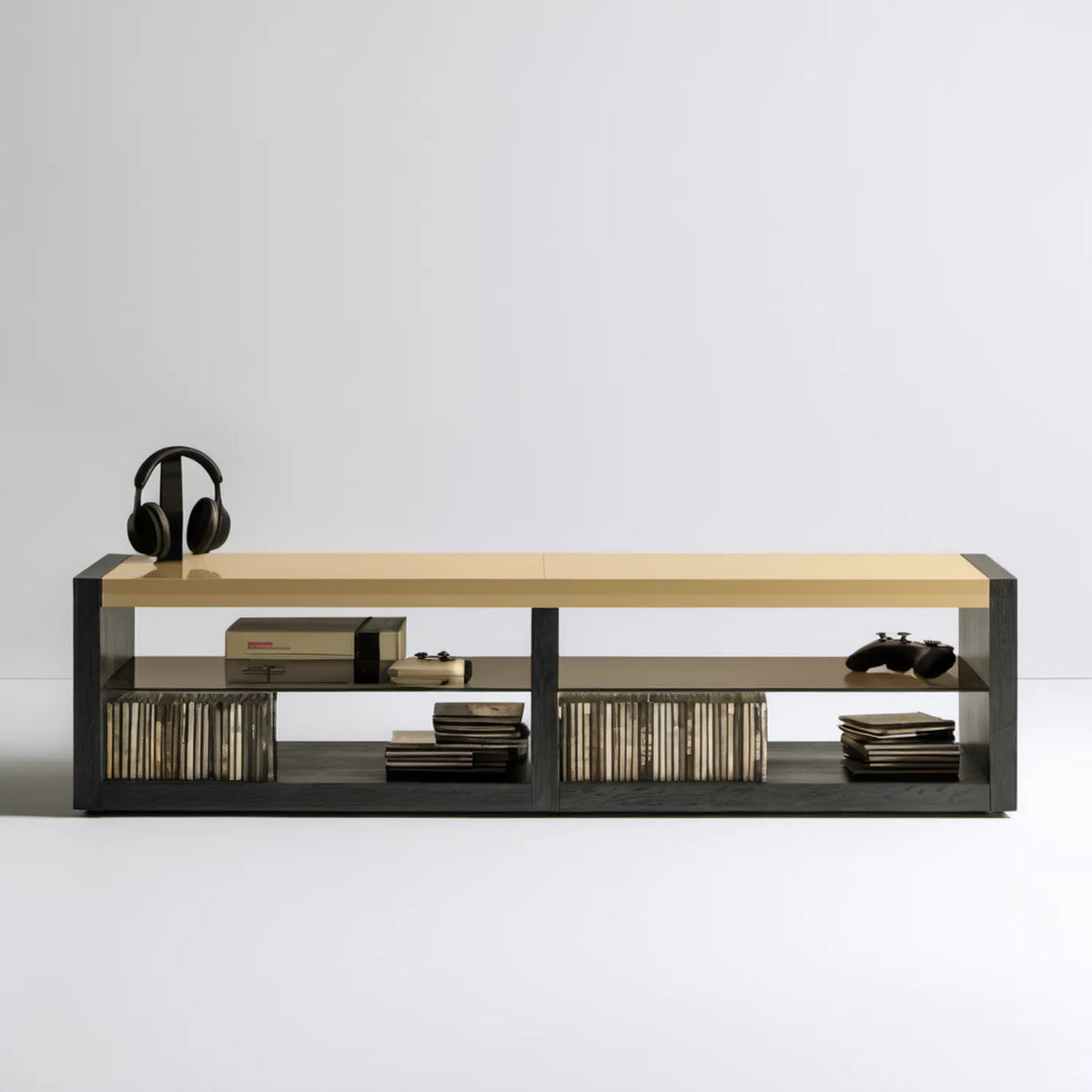 Szafka RTV czarno-beżowa z otwartymi półkami 160 x 40 x 50 cm MDF