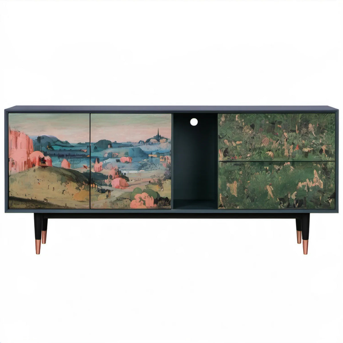 Czarna szafka RTV z nadrukiem krajobrazu 160 x 40 x 70 cm