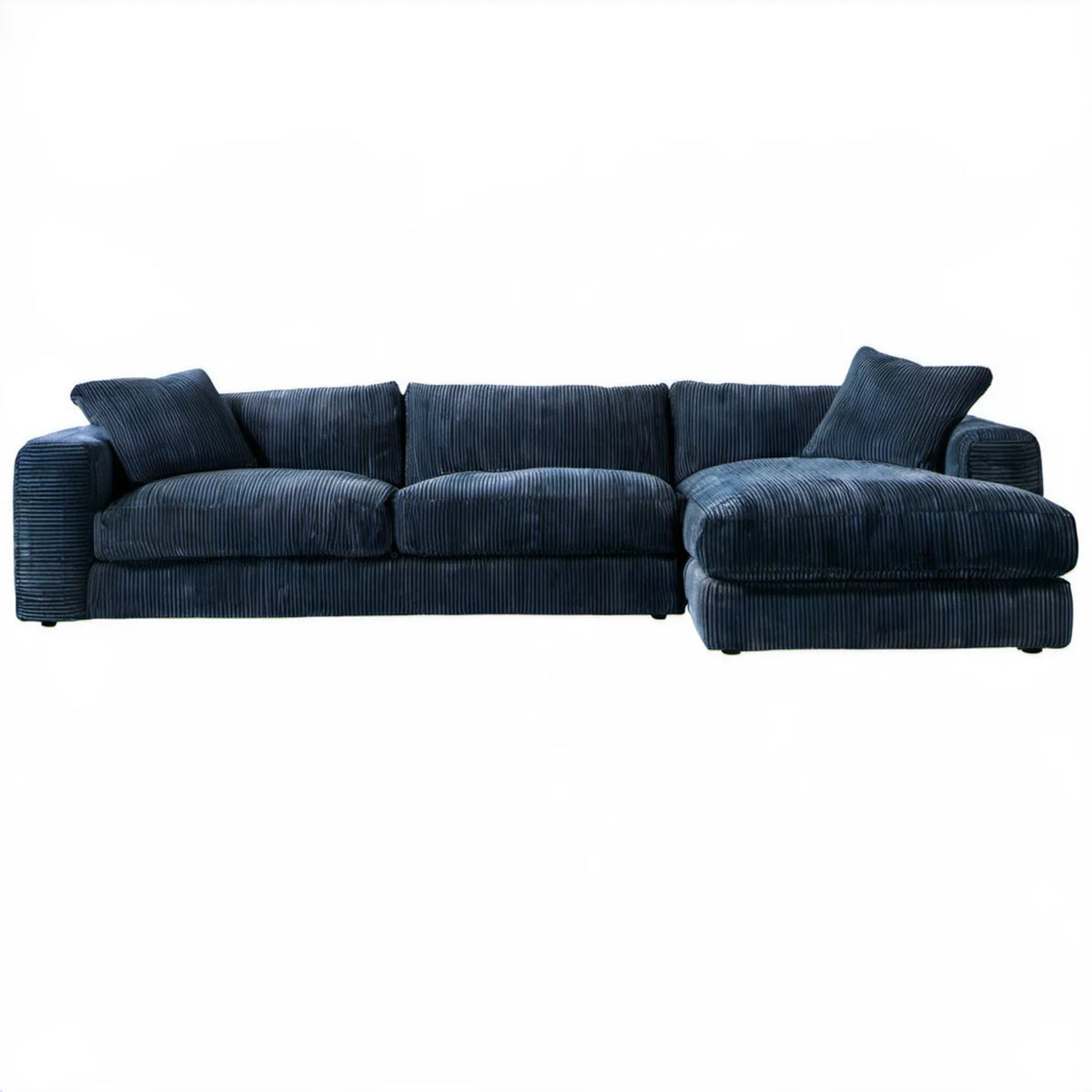 Prawostronna sofa narożna ze szezlongiem granatowa, sztruksowa, 280 x 165 x 85 cm