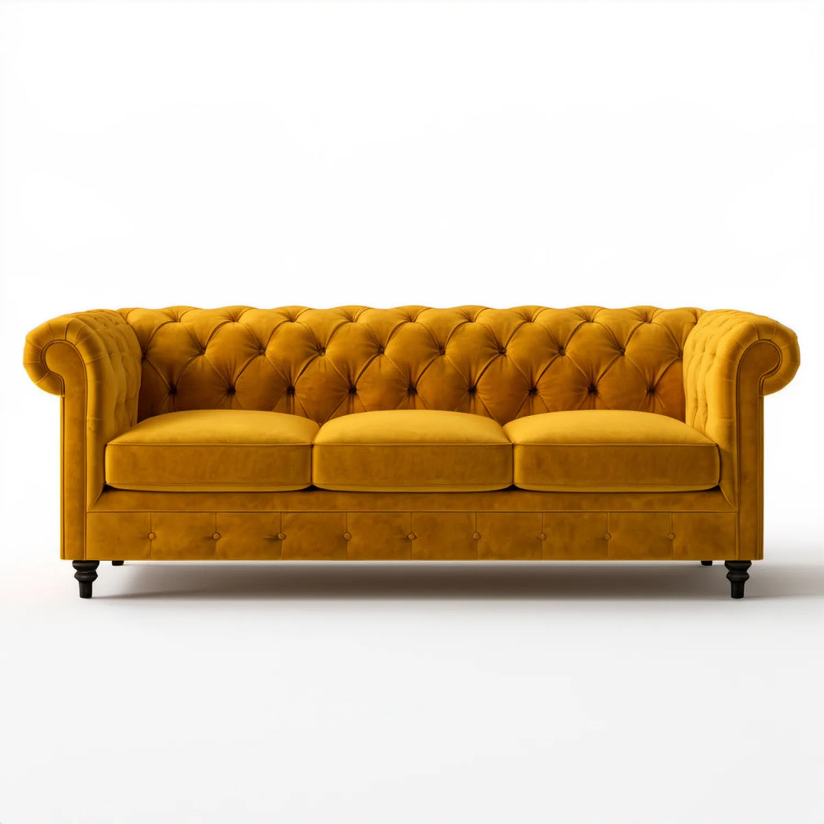 Trzyosobowa sofa Chesterfield z aksamitną tapicerką, musztardowo-czarna, 225 x 90 x 78 cm