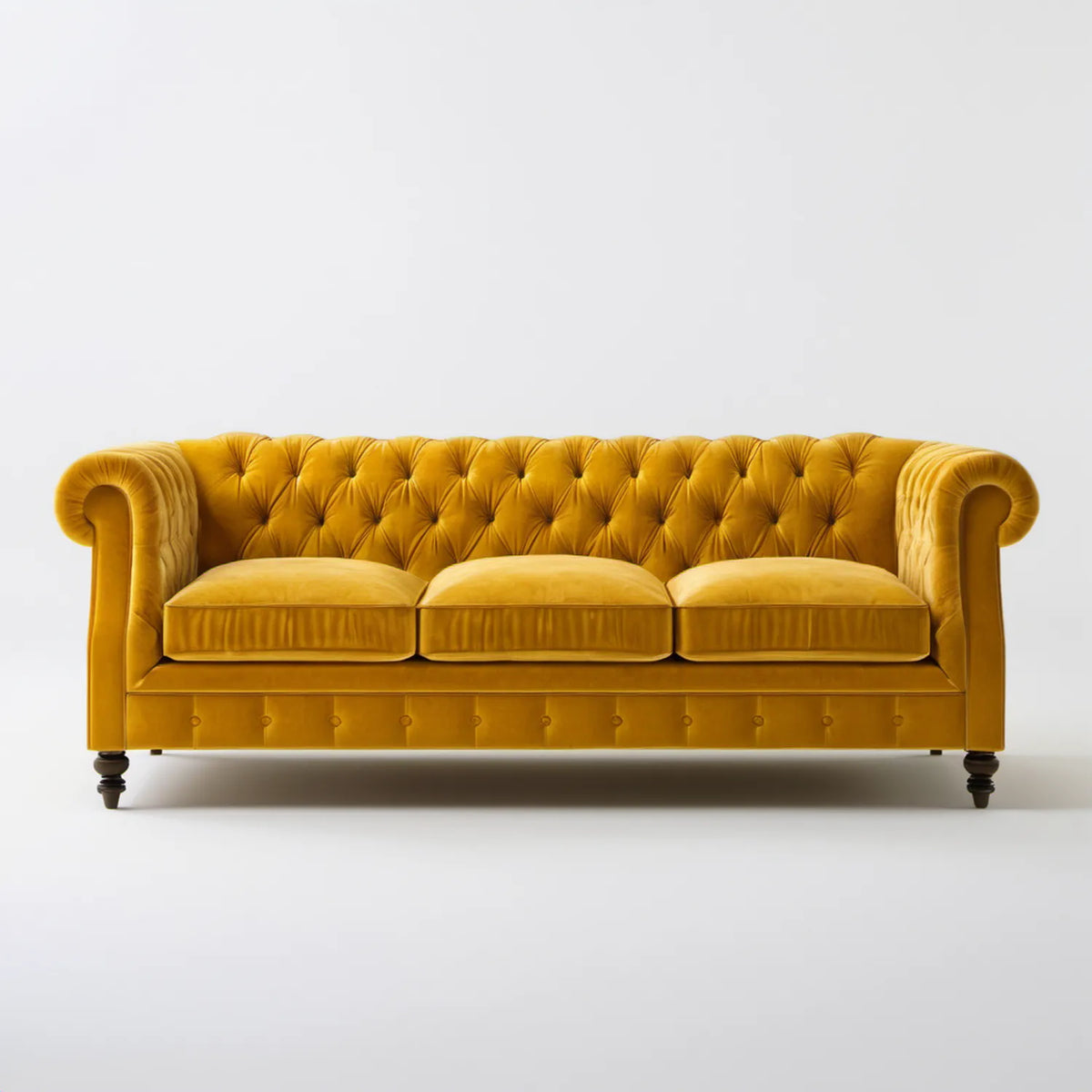 Trzyosobowa sofa Chesterfield z aksamitu, musztardowa, 230 x 95 x 80 cm