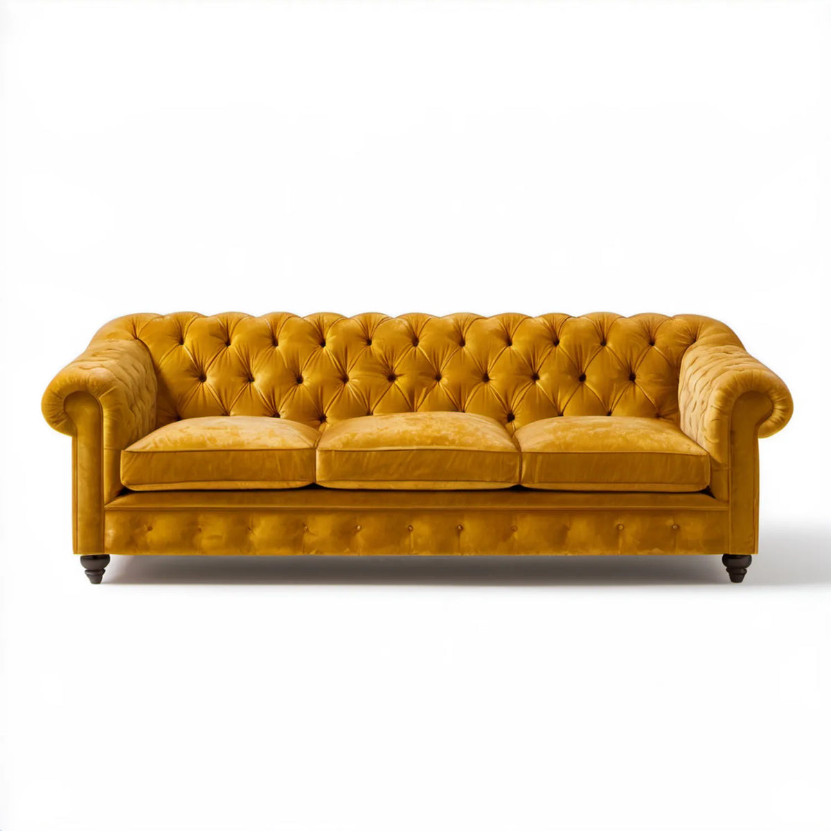 Trzyosobowa sofa Chesterfield musztardowa 210 x 90 x 75 cm, aksamitna