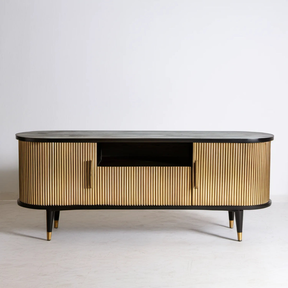 Owalna szafka RTV czarno-złota 160 × 40 × 75 cm z MDF na stalowych nogach