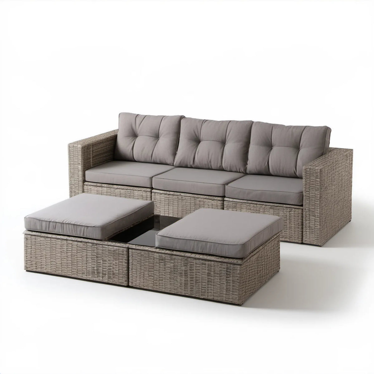 Szara sofa 3-osobowa z 2 pufami z technorattanu PE, 220 × 75 × 70 cm