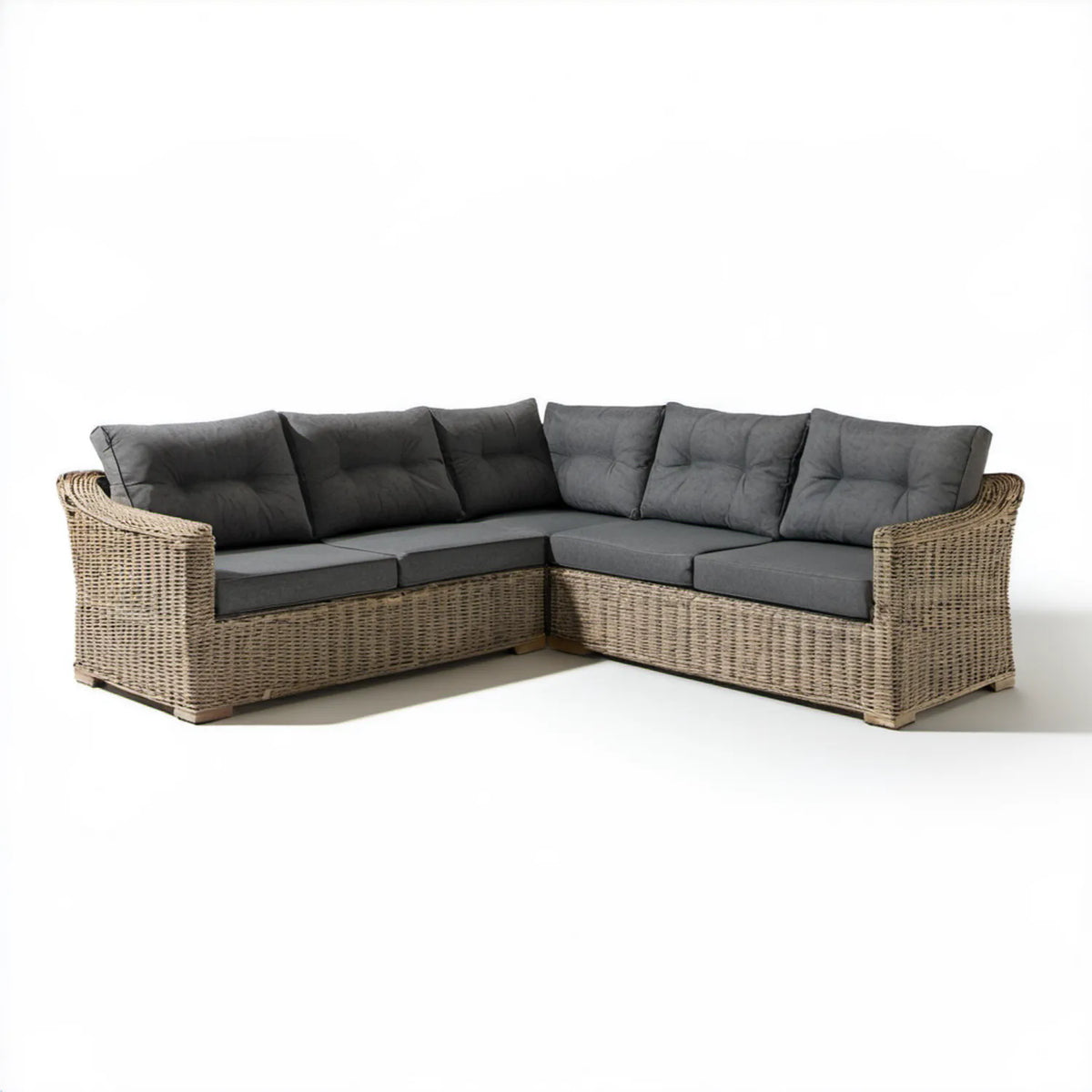 5-osobowa narożna sofa ogrodowa w kształcie L z technorattanu PE, beżowo-ciemnoszara, 220 × 220 × 85 cm